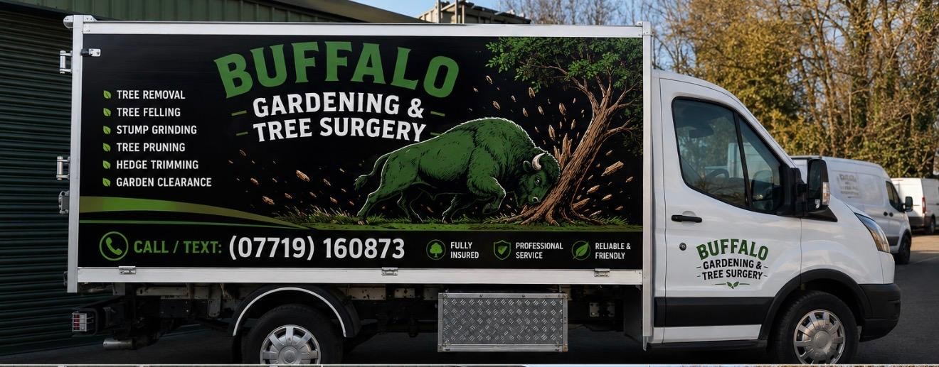Buffalo Gardening branded Luton van with tree surgery livery and phone number