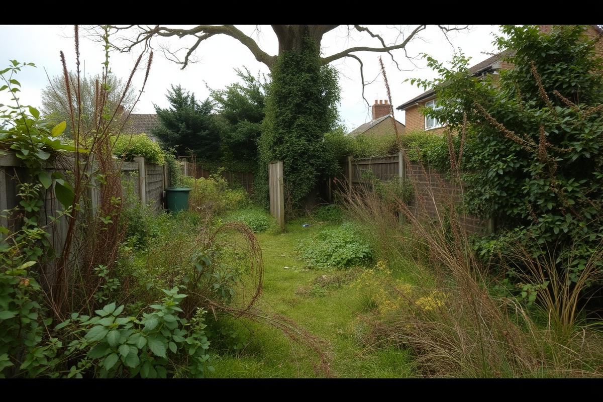 Overgrown back garden with waist-high weeds before garden clearance