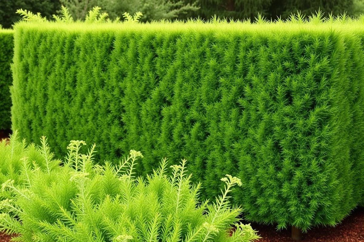 The same conifer hedge reduced in height and neatly squared off