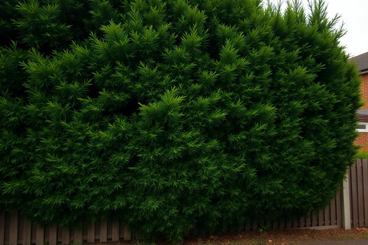 Very tall overgrown conifer hedge blocking light over a garden fence