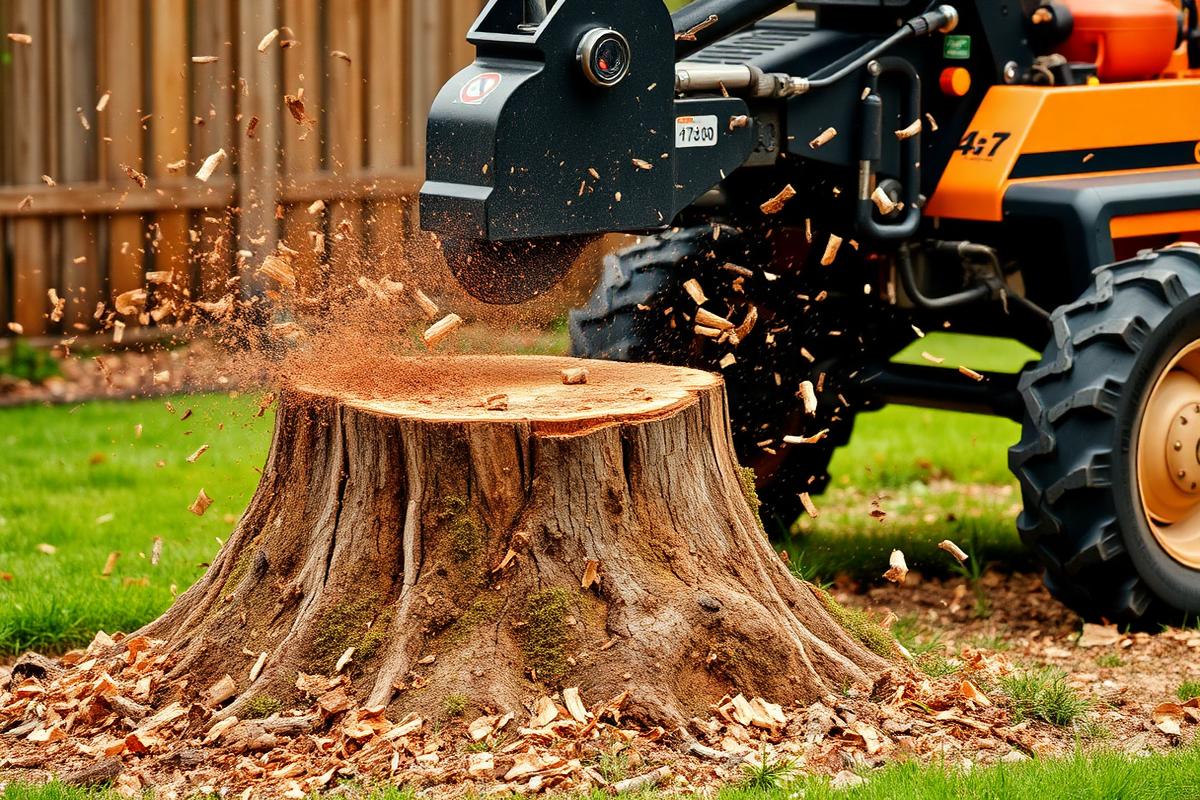 Stump grinder removing a tree stump from a garden lawn